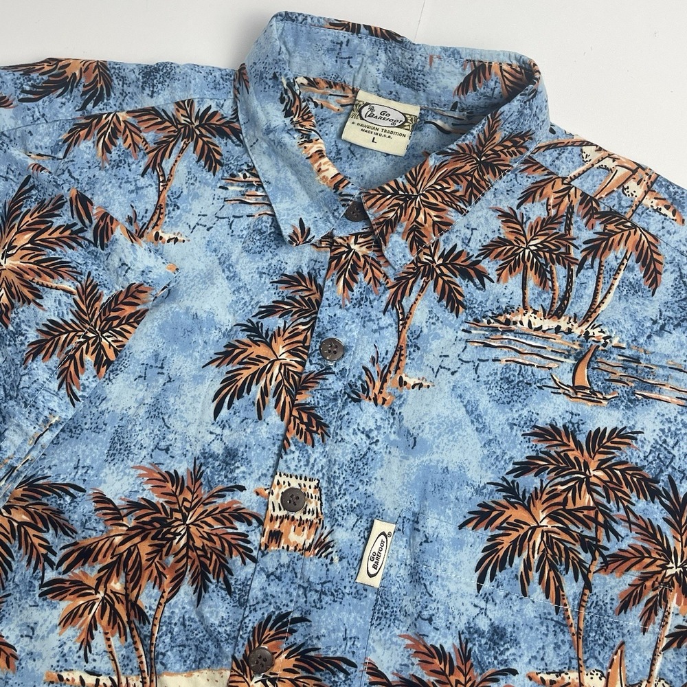 Go‎ Barefoot Men's Large Coconut Grove Powder Blue Hawaiian Button Up Reverse